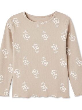 George Beige Ribbed Long Sleeve Tee with White Floral Print